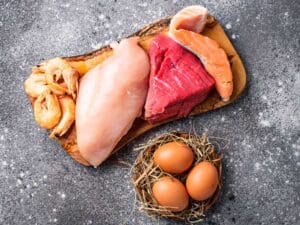 beef, fish, chicken, shrimps, and eggs to illustrate protein intake